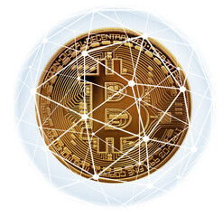 Coin representing Bitcoin inside a network sphere