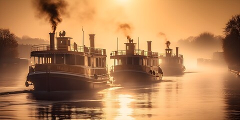 steam boats in the river antique style painting foggy - obrazy, fototapety, plakaty