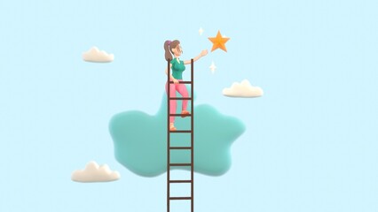 Success ladder to reach goal, businessman climb up ladder of success to reach star target. 3d-rendering - obrazy, fototapety, plakaty
