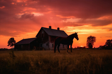 horses on the ranch at sunset, generative  ai