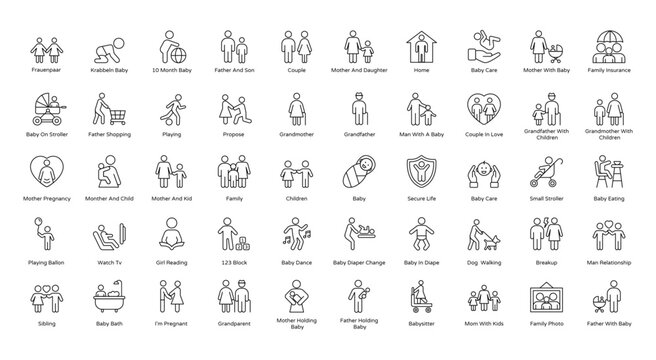 Family Thin Line Icons Father Mother Son Icon Set in Outline Style 50 Vector Icons in Black	