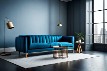 A beautiful and stylish blue long sofa with cushions in front of a grey wall | Interior design of a modern and luxurious living room | Generative Ai | Indoor Décor | Blue sofa