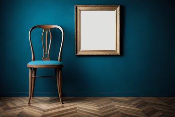 A beautiful and stylish blue Windsor Chair in front of a blue wall with a blank poster frame | Interior design of a modern and luxurious living room | Generative Ai | Indoor Décor | Blue armchair 