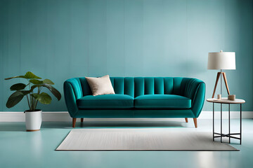 Living room with a beautiful and stylish green long sofa in front of a blue empty wall with copy-space | Interior design of a modern and luxurious living room | Generative Ai | Indoor Décor