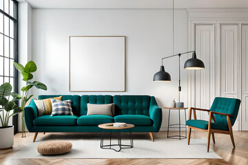 A stylish green long sofa in front of a white wall with green armchair and a blank poster frame mockup hanging in living room | Interior design of a modern and luxurious living room | Generative Ai 