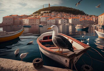 View at amazing archipelago with fishing boats in front of town Hvar, Croatia. Harbor of old Adriatic island town Hvar with seagull's flying over the city. Amazing Hvar city on Hvar. Generative AI - obrazy, fototapety, plakaty