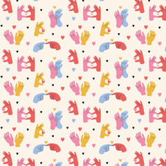 Seamless pattern of colorful Hands. Different gestures. Hand drawn Vector illustration.