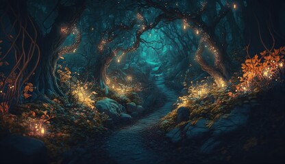 Fototapeta na wymiar Fantasy forest at Night, generative AI