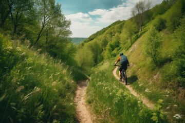 Fototapeta na wymiar Mountain biker riding cycling in forest, generative ai