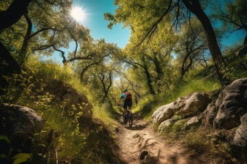 Mountain biker riding cycling in forest, generative ai