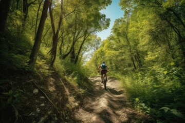 Obraz premium Mountain biker riding cycling in forest, generative ai