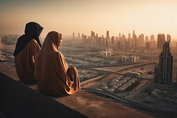 arabian young couple looking at the city, generative ai