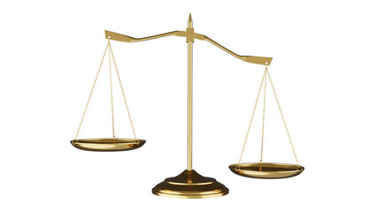 Golden imbalance Libra scales of justice isolated on transparent background. Scales concept. 3D render - obrazy, fototapety, plakaty