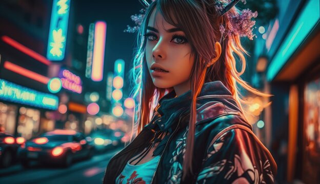 Beautiful anime girl cyberpunk Tokyo, generative AI