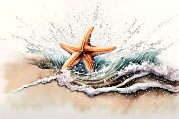 Starfish on the beach. Watercolor. AI generation
