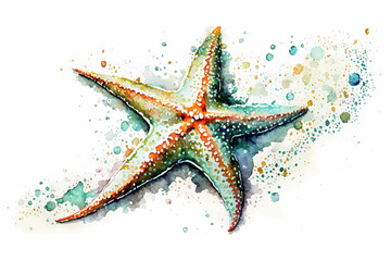 Starfish on the beach. Watercolor. AI generation