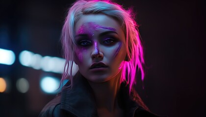 Naklejka na ściany i meble Cyberpunk girl living in a neon city.
