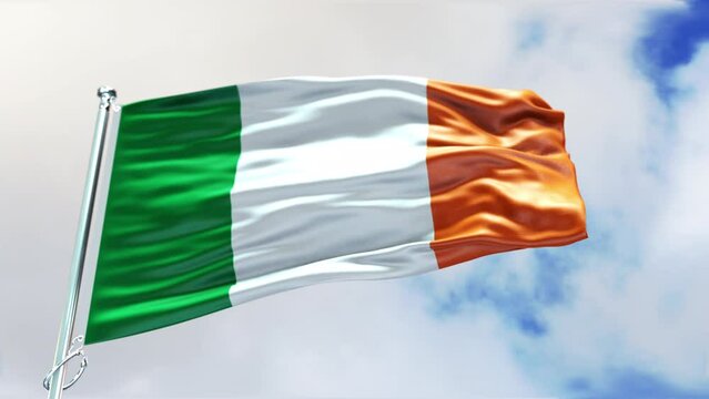Ireland Flag. Waving Ireland Flag on the Blue Sky background, Close-up. Wavy National Irish Flag, main Irish symbol, 3D 4K video