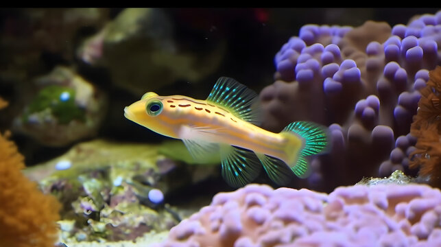  A small yellow fish in colorful anemone.Generative AI Illustration