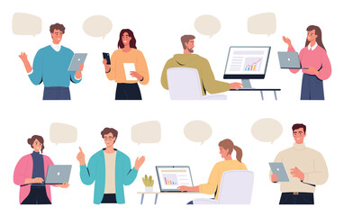 Modern young people work together in the office. People characters and dialogue bubbles	