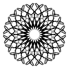 Circular black and white geometric floral rosette style ornament element design on transparent background 
