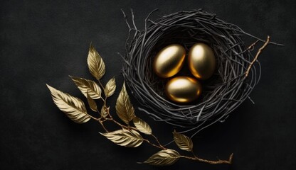 A bird's nest standing on a black surface and black and gold-colored eggs inside the nest. Great designs that can be used for Easter.