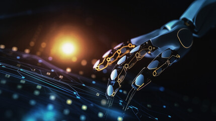 Hands of robot and human touching on big data network connection, Science and artificial intelligence technology. Copy space. Generative AI.1