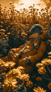 High texture quality photo of biomechanical astronaut lying in a meadow of dahlia flowers, golden hour. generative ai