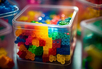 Colorful rainbow colored constructor pieces in transparent plastic boxes in childrens room. Bright stackable plastic toy bricks sorting by colors. Space organizing at childrens room. Generative AI - obrazy, fototapety, plakaty