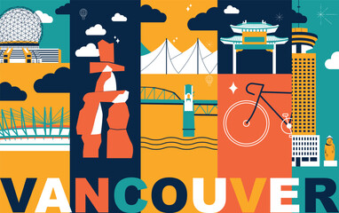 Obraz premium Typography word Vancouver branding technology concept. Collection of flat vector web icons. Canadian culture travel set, architectures, specialties detailed silhouette American famous landmark