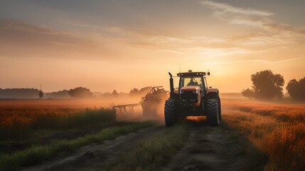 Fototapeta premium John Deere tractor working a field on a farm at sunset, generative ai 
