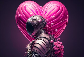 An abstract, modern costume for Valentine's Day. A big pink balloon heart on the head. Futuristic styling that symbolizes cosmic love from space. Illustration, Generative AI