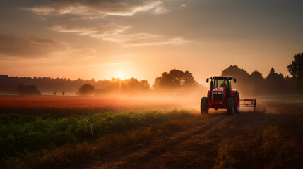 Fototapeta premium John Deere tractor working a field on a farm at sunset, generative ai 