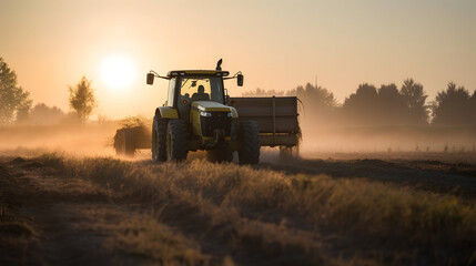 Fototapeta premium John Deere tractor working a field on a farm at sunset, generative ai 