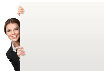 Smiling woman with blank on background