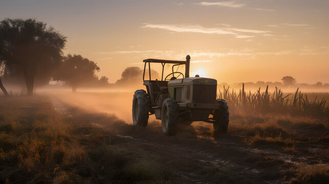 John Deere tractor working a field on a farm at sunset, generative ai	
