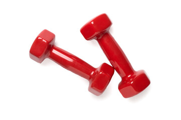 Red dumbbells isolated on white, top view