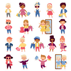 Little Kids Wearing Different Fashion Clothes Fitting New Stylish Look Big Vector Set