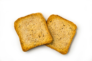 Crackers of dried rye bread on white background. Crunchy rusk or toast for healthy life