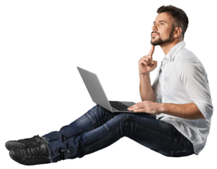 young man thinking while using his laptop