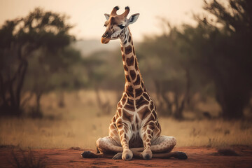 Giraffe is doing yoga. AI generation