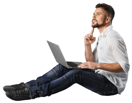 young man thinking while using his laptop - Powered by Adobe
