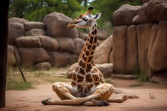 Giraffe is doing yoga. AI generation