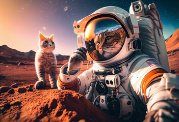 Cosmonaut cat. Astronaut cat in a spacesuit on another planet takes a selfie. Generative AI - obrazy, fototapety, plakaty