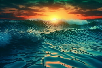 a sunset over the water in the ocean. Generative AI.