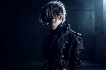 Woman wearing visual kei style hair and clothes, fictitious person. AI generated image