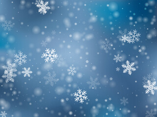 Subtle flying snow flakes background. Snowstorm speck crystallic elements. Snowfall weather white teal blue composition. Glimmer snowflakes january vector. Snow nature landscape.
