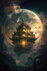 Gorgeous golden Chinese palace, Chinese style, overlooking, fairy tale, surrounded by roses, dragons and phoenixes chasing the moon in the sky - generative ai