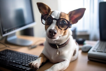 Confident terrier with glasses is sitting at an office desk, created with Generative AI