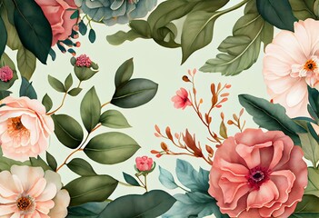 Watercolor seamless pattern with flowers and leaves. Generative AI